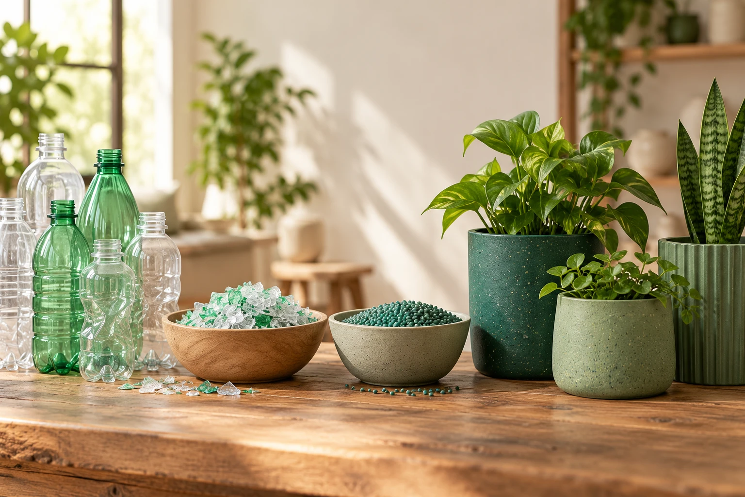 Concept image illustrating plastic bottles, recycled flakes and granules, and possible recycled products